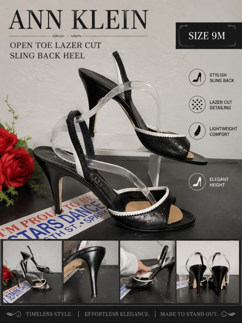 ANN KLEIN Open Toe Lazer Cut Sling Back Black White Heel 9M